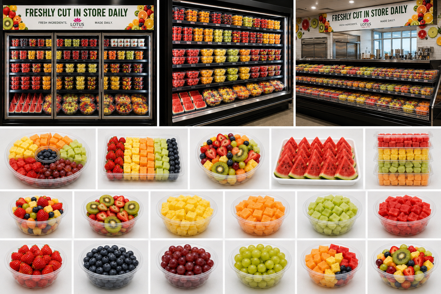 Lotus Fresh Bites retail displays and premium packaged fresh-fruit collection