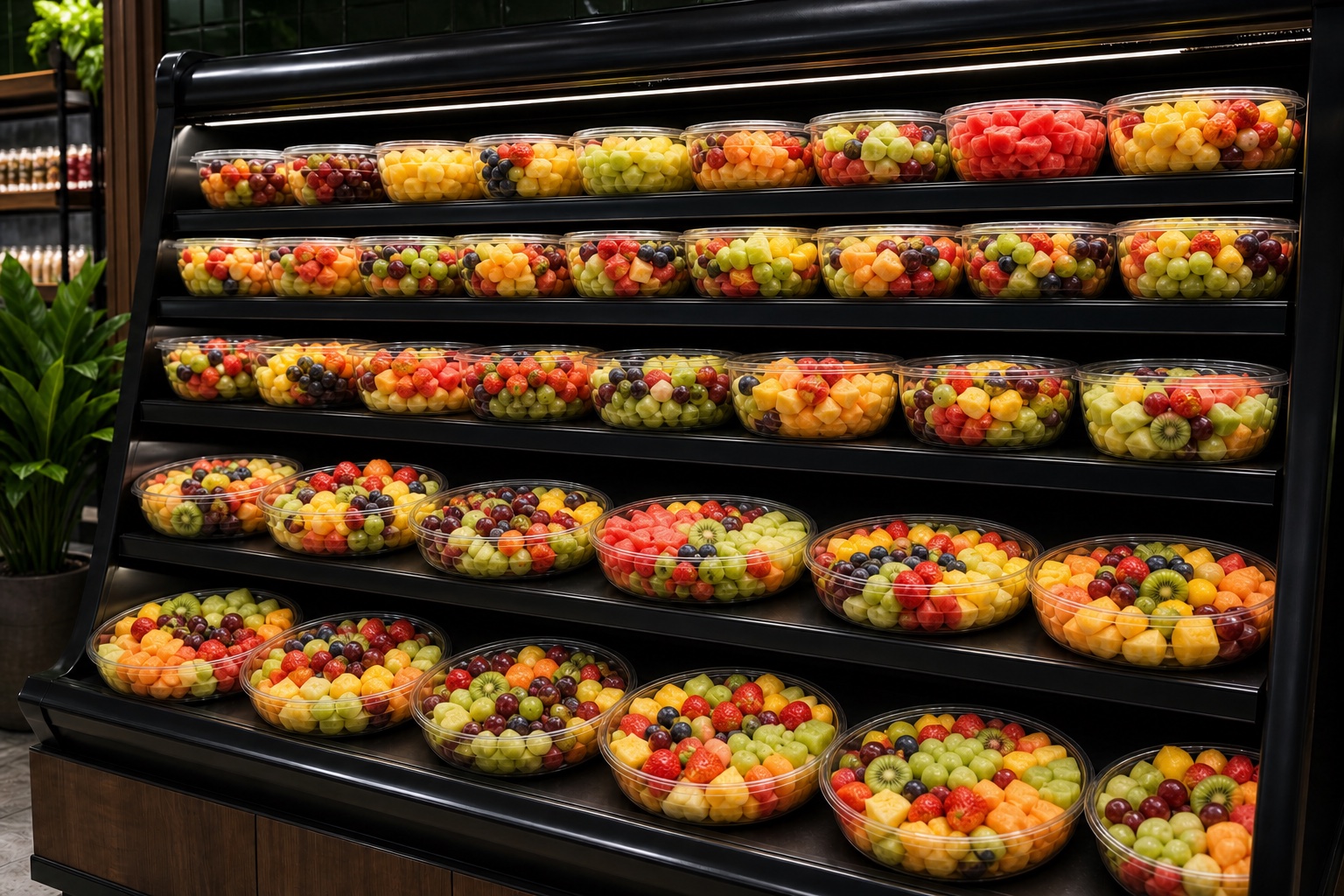 Mixed fruit bowls and entertaining trays on fully stocked shelves