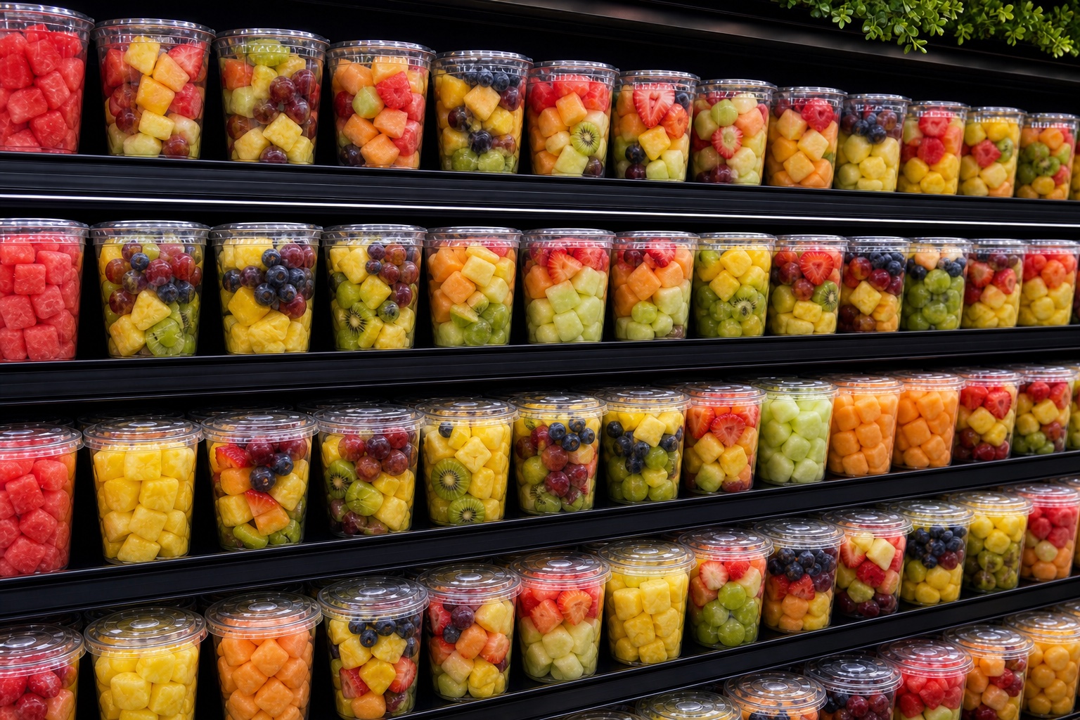 Mixed fresh-cut fruit cups arranged on fully stocked refrigerated shelves