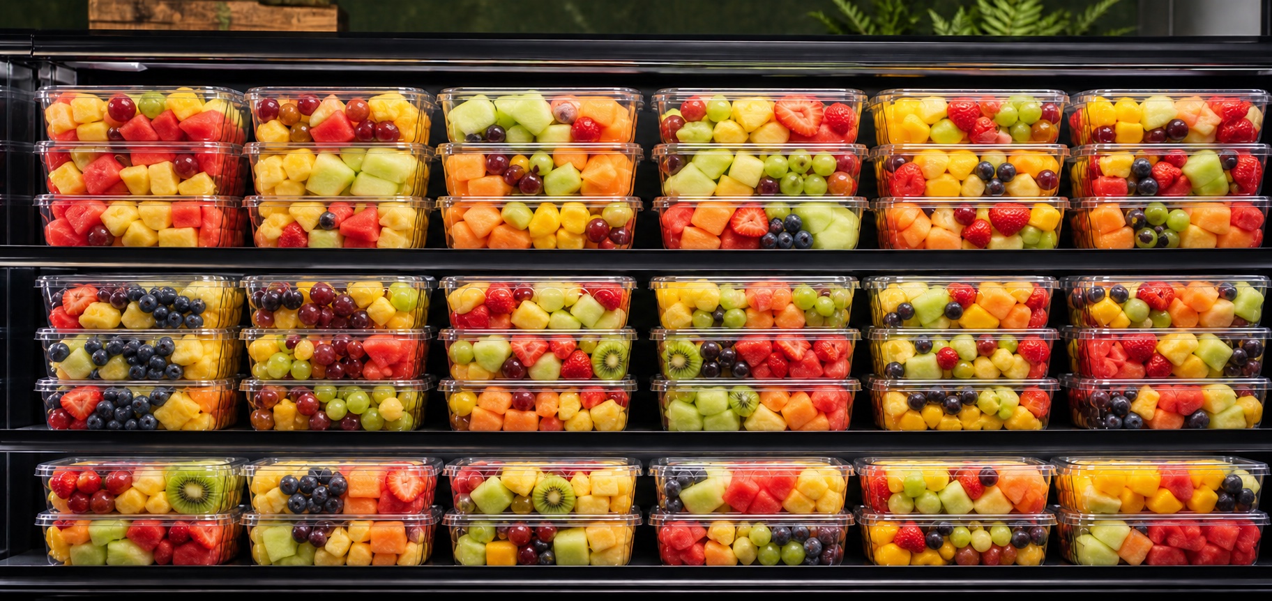 Varied fresh-cut fruit assortments in clear containers