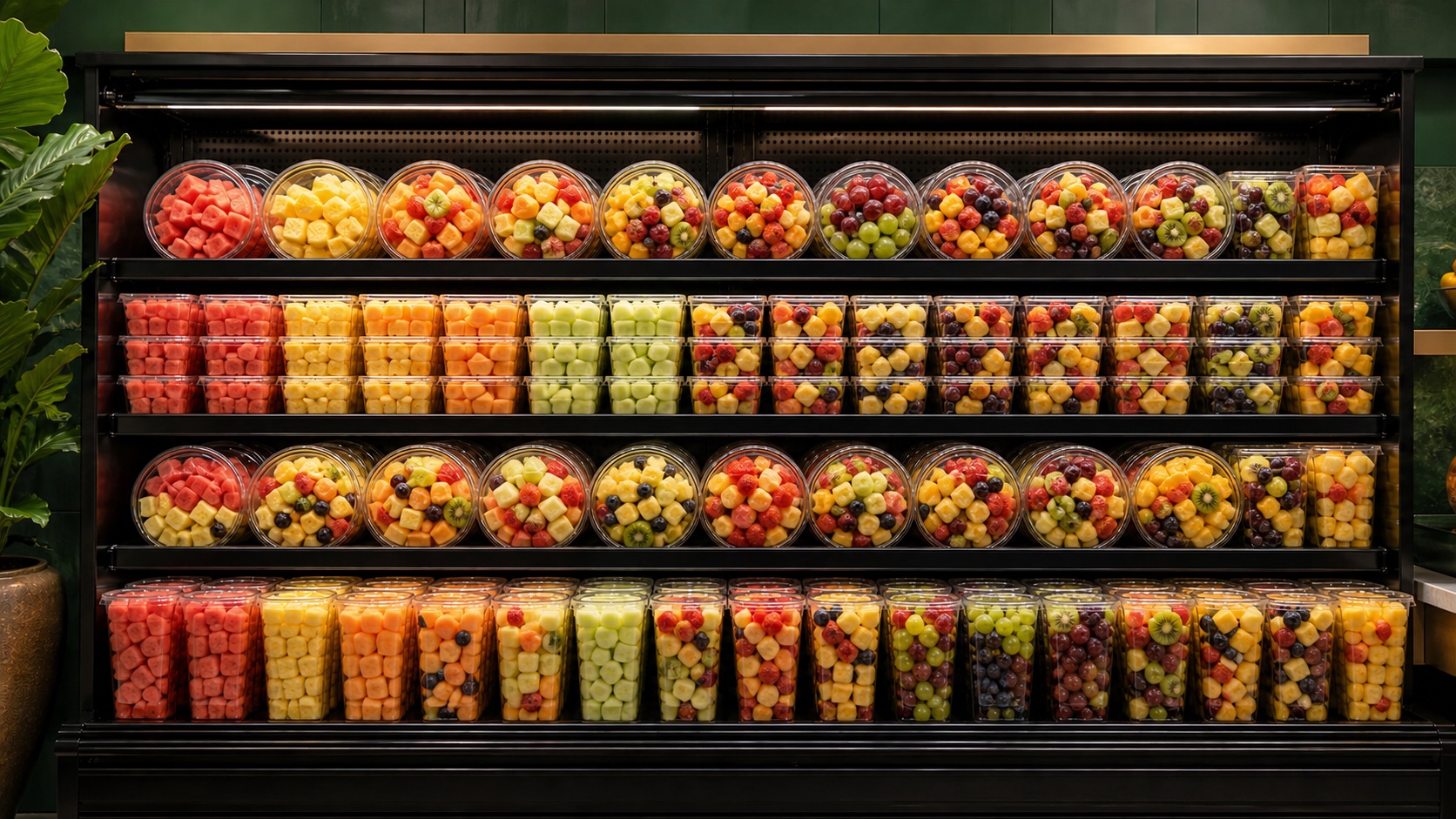 Clear bowls of mixed fresh-cut fruit in a full refrigerated display