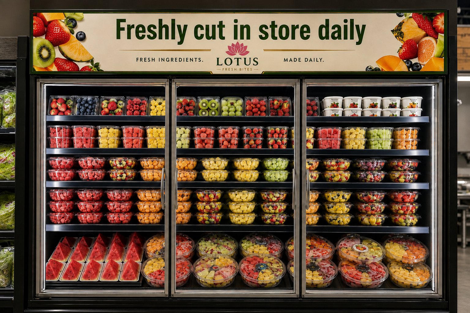 Lotus Fresh Bites refrigerated display filled with freshly prepared fruit